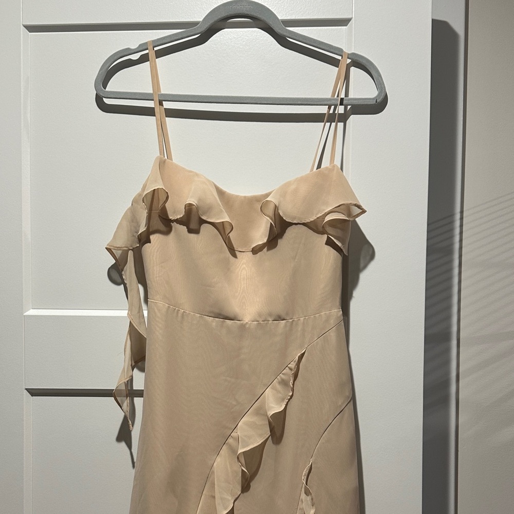 Azazie Beige Ruffle Maxi Dress